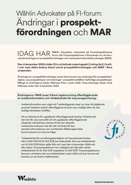 Wåhlin Advokater på FI-forum: Ändringar i prospektförordningen och MAR