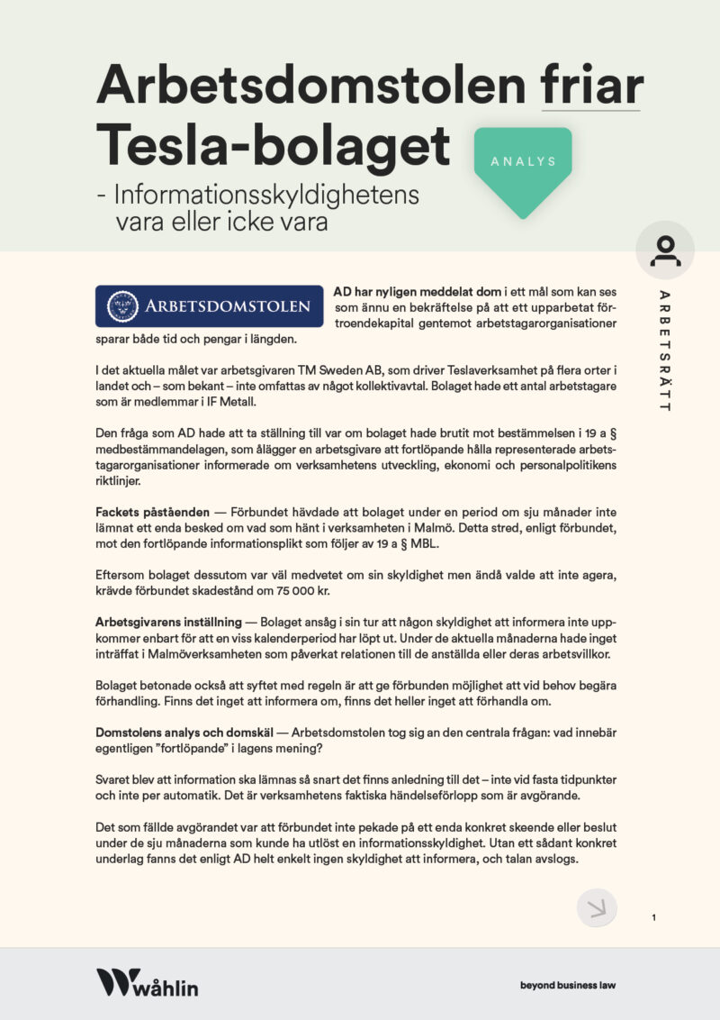 Arbetsdomstolen friar Tesla-bolaget